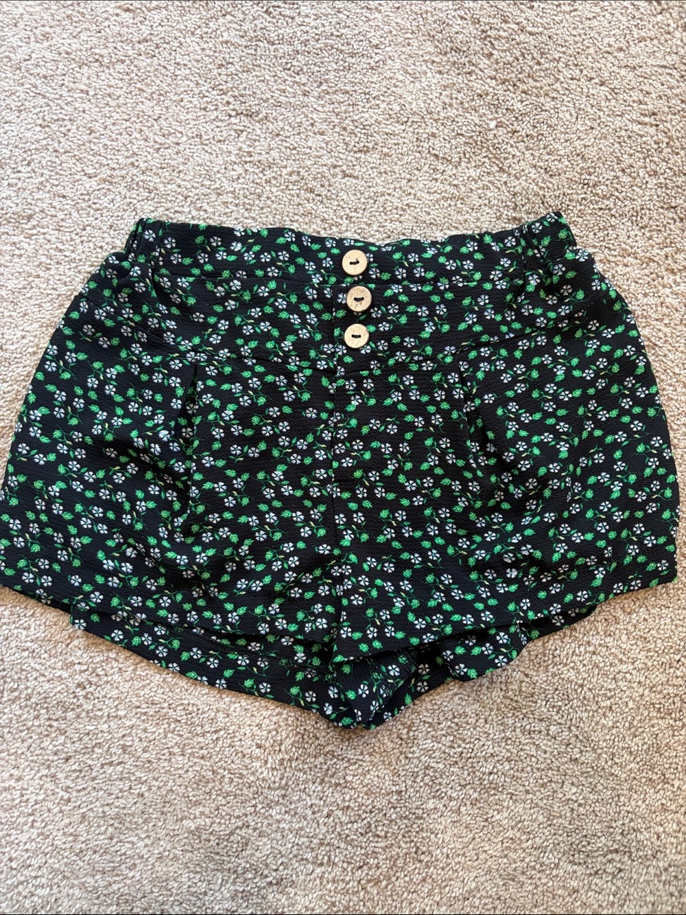 High-Waist Black Floral Shorts with Green & White Print